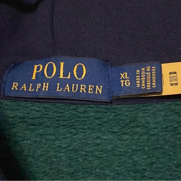 Polo Ralph Lauren Mens Navy Muti Stripe Fleece Lined Logo Pullover Hoodie XL